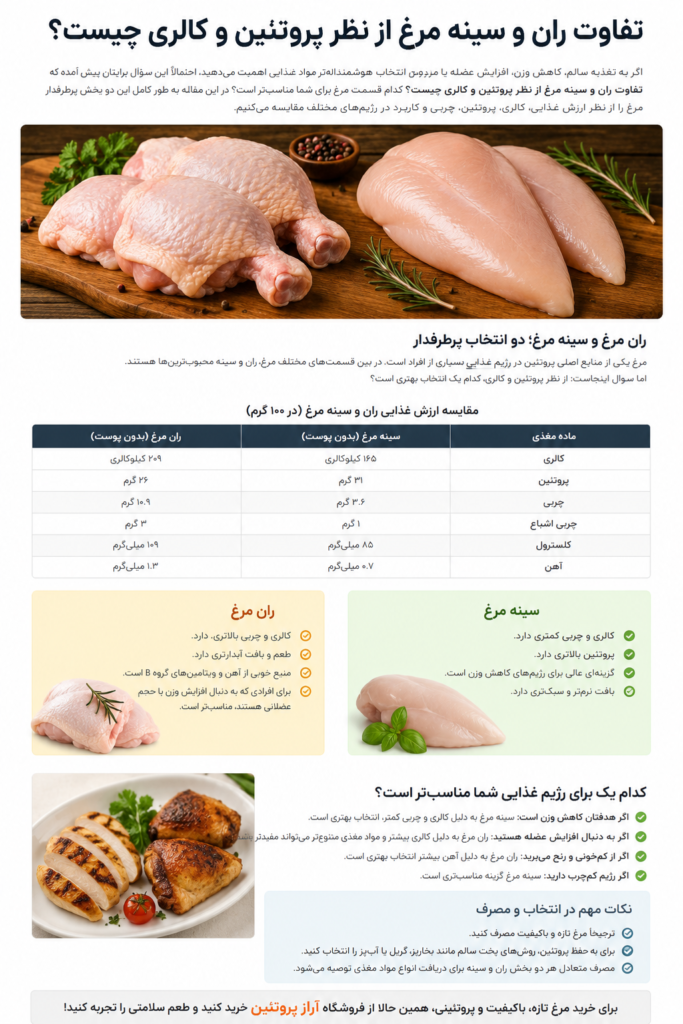 تفاوت ران و سینه مرغ از نظر پروتئین و کالری چیست؟