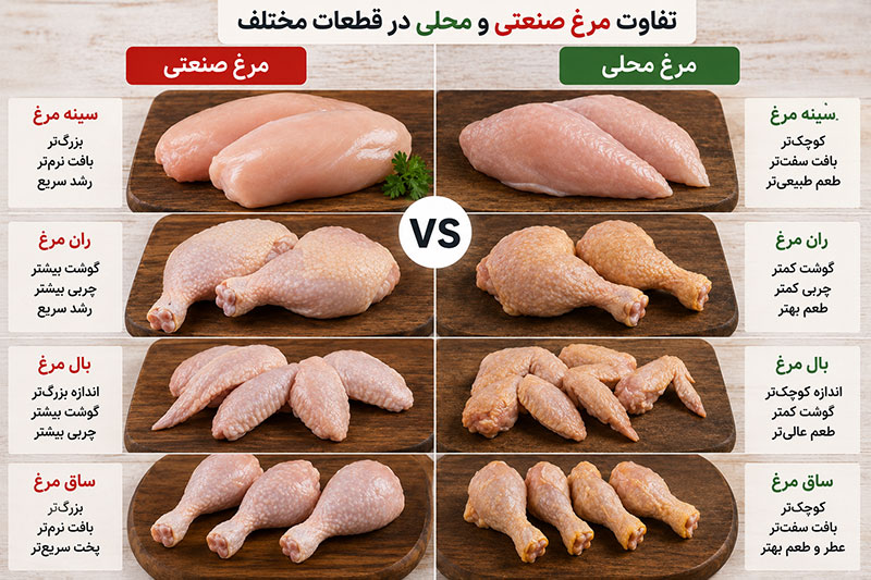تفاوت مرغ صنعتی و محلی در قطعات مختلف